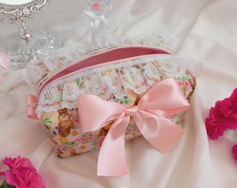 Bunny print makeup bag, handmade cosmetic bag, pink bag, cute makeup bag, lace trim, coquette bag, toiletry case, spring bag