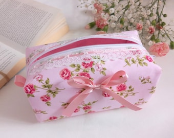 Pink floral rose makeup bag, handmade cosmetic bag, pink bag uk, cute makeup bag, gifts for her, coquette, toiletry bag, floral wash bag