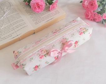 Pink floral pencil case, lace trim, satin bow, pink pencil case, makeup bag, zip pouch, handmade uk, storage bag, coquette bag, cosmetic bag