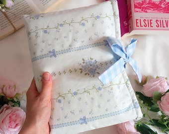 Blue Floral Book Sleeve: Handmade Cotton Paperback Cover with Bow Tie