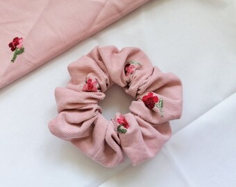 Flower embroidered scrunchie, pink needlecord, hair scruncie, womens accessories, handmade uk, gifts for her, hair tie, cute scrunchie