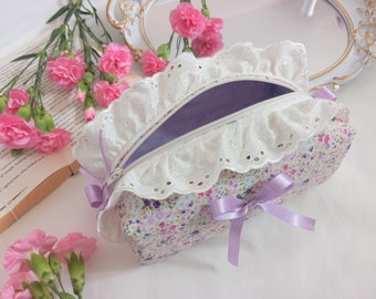 Purple floral makeup bag, coquette bag, handmade uk, cute travel bag, wash bag, floral bag, zipper pouch, broderie anglaise, gifts for her