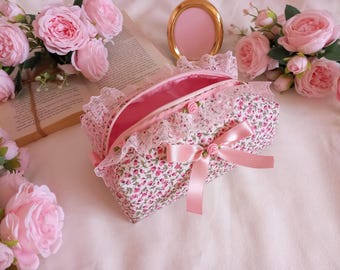 Handmade Pink Floral Makeup Bag: Lace Trim Coquette Toiletry Case