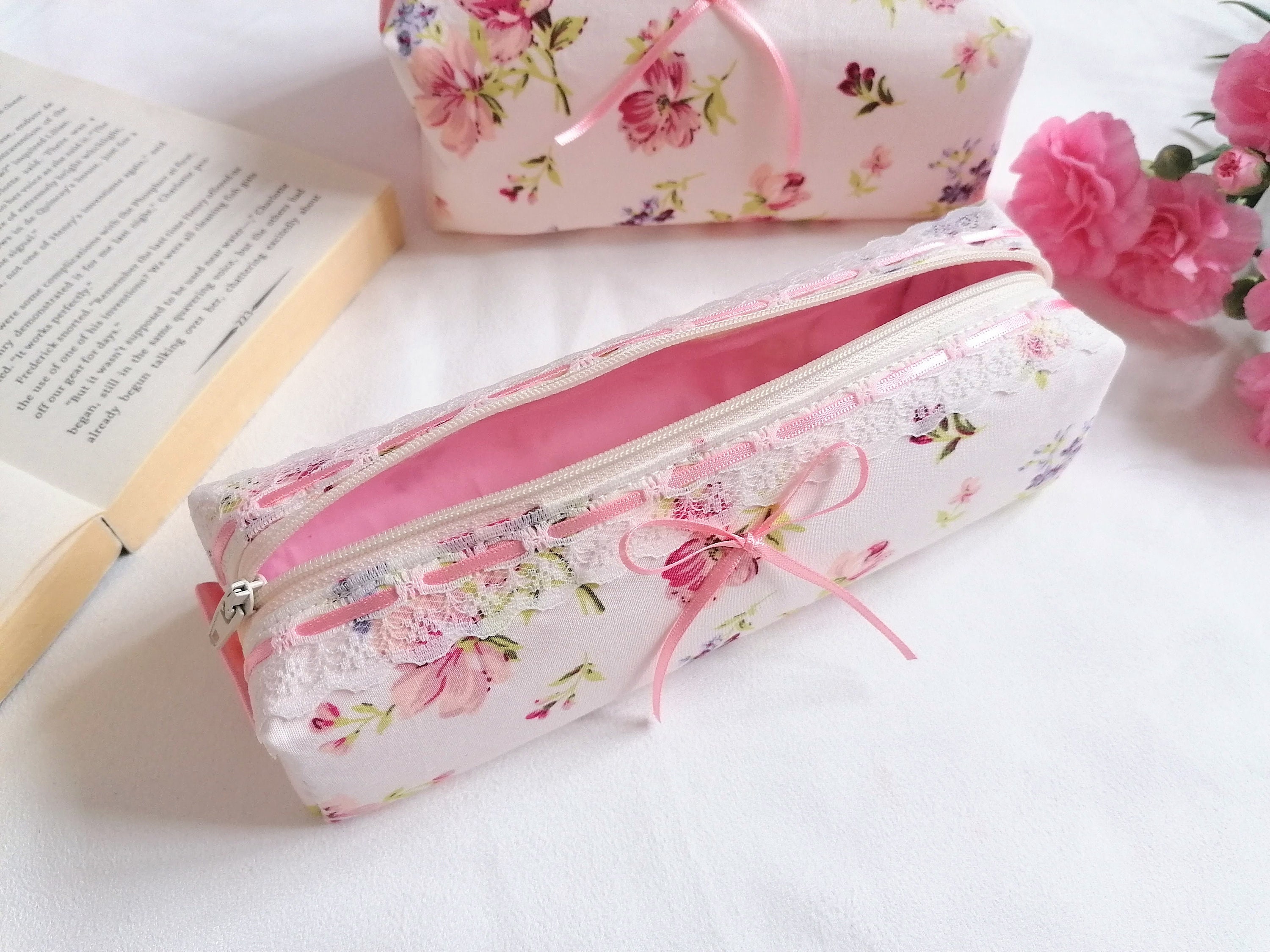 Cosmetic Bag Small Pouch Pencil Case Black with Pink Flowers Floral Pr