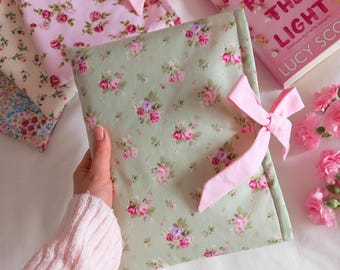 Green Floral Book Sleeve: Handmade Cotton Paperback Cover with Bow