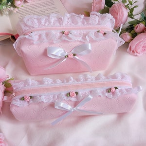 Pink pointelle pencil case, lace trim, satin bow, pink pencil case, makeup bag, zip pouch, handmade uk, storage bag, coquette bag, rose bag