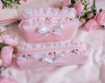 Pink Pointelle Pencil Case: Handmade Lace Trim Coquette Bag