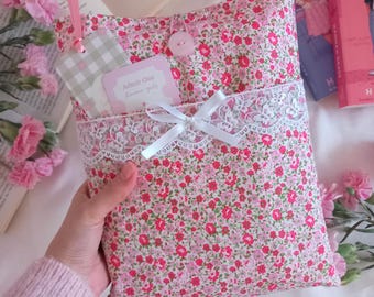 Pink Floral Book Sleeve: Cotton Book Cover with Lace Trim