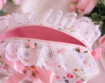 White floral makeup bag, handmade cosmetic bag, pink bag, cute makeup bag, lace trim, coquette bag, toiletry case, rose embellished bag