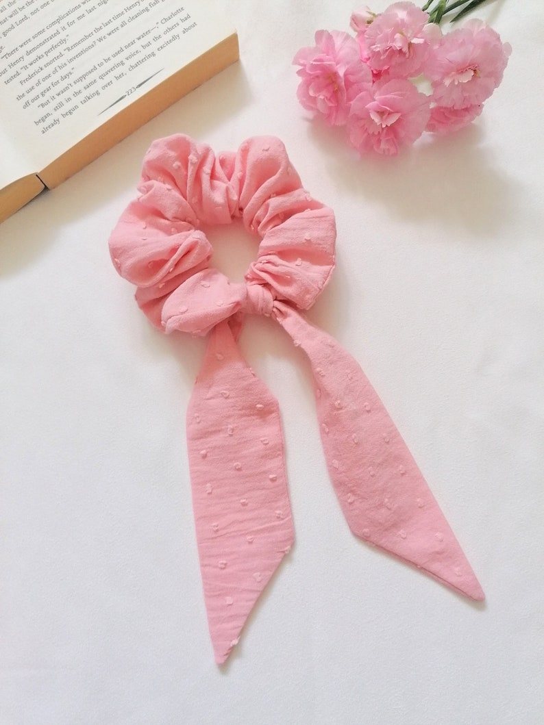 Pink scrunchie scarf, swiss dot, dusty pink, hair accessory, handmade uk, gifts for her, hair tie, friend gifts image 6