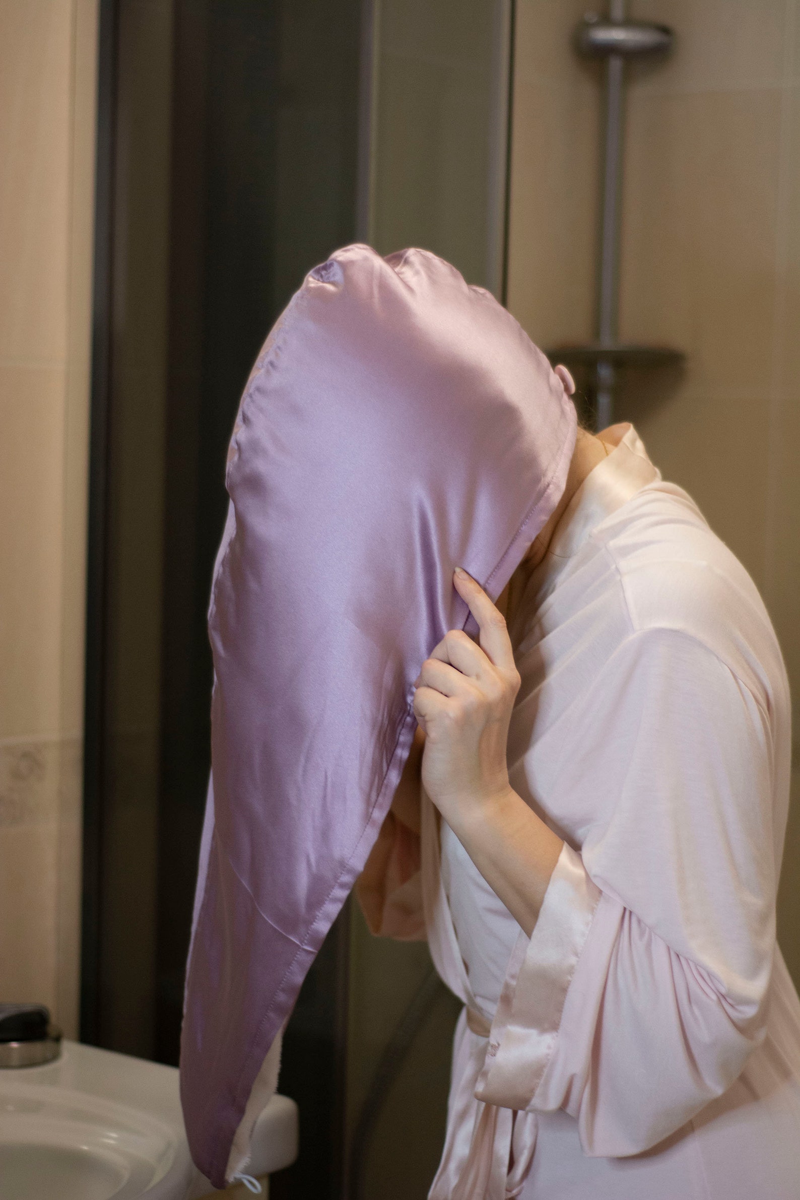 satin wrapped hair towel