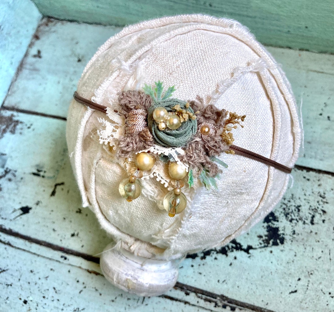 Sage Green & Taupe Boho Baby Headband, Girls Headband, Newborn Tieback