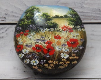 Ukrainian Lacquer Box, Fedoskino Art Painting School, "Poppies", Hand Painted, Papier Mache, Sea Shell, Mother of Pearl, Jewelry Box