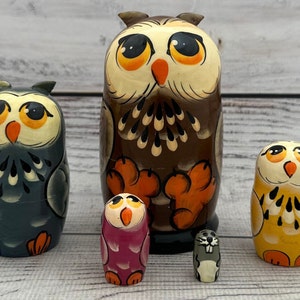 Owls Family Ukrainian Nesting Doll 3.93'' or 10 cm, Hand Painting Doll 5 pieces, Gift for Mom, Kids Gift, Animal Toys, Kids Room Decor