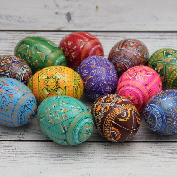 MADE in UKRAINE Hand Painted Wooden Easter Egg Ukrainian Pysanka Petrykivka Pysanky Set of 12 Different Eggs Floral Folk Gift