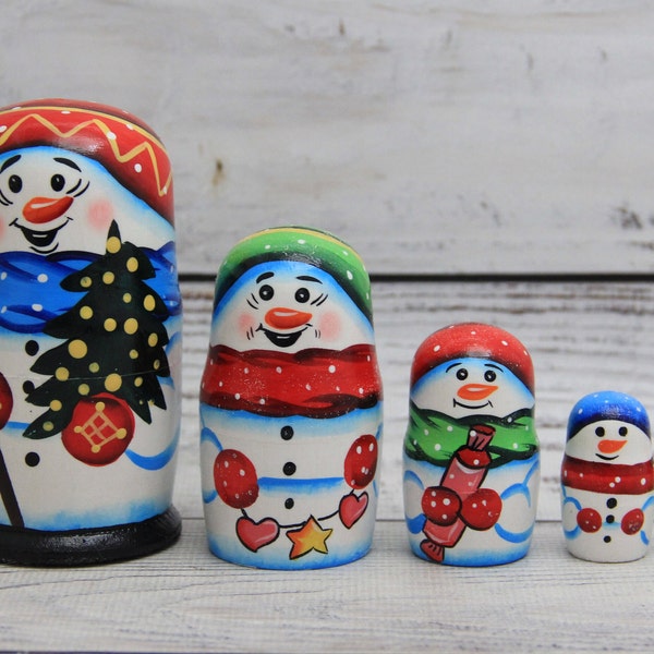 Snowman Wooden Nesting Doll 3.93" or 10 cm Hand Painted 5pieces Home Decor Christmas Ukrainian Santa Claus Doll