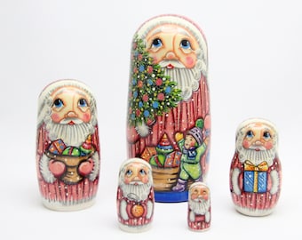 Muñeca rusa de madera de Papá Noel de 18 cm pintada a mano, muñeco de Papá Noel, 5 piezas, decoración para el hogar, regalo de Navidad, muñeco de Papá Noel ucraniano.