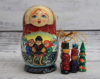 Ukrainian Nesting Doll With Set Of Christmas Tree Ornaments 4.33" Home Decor Christmas Gift Set Of Christmas Tree Decorations