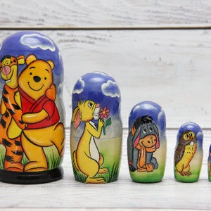 MADE IN UKRAINE Cartoon Heroes Ukrainian Nesting Doll 4.72" or 12 cm Hand Painted Wooden Doll 5pieces Home Decor Gift for Kids