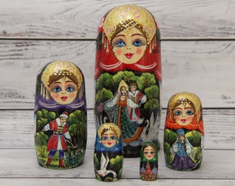 Fairy Tales Hand Painted Nesting Doll 5 pieces,  Doll 6.29'' or 17 cm, Wooden Toy, Home Decor, Kids Gift, Kids MADE IN UKRAINE