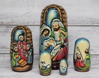 Nativity Ukrainian Nesting Doll 5 pieces 6.88'' or 17.5 cm Wooden Christmas Nesting Doll Hand Painted Christmas Gift