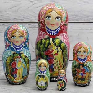 Fairy Tales Hand Painted Nesting Doll 5 pieces, Ukrainian Doll 6.49&#39;&#39; or 16.5 cm, Wooden Toy, Home Decor, Kids Gift, Kids MADE IN UKRAINE