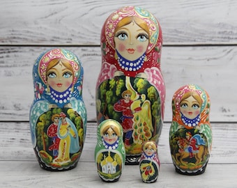 Fairy Tales Hand Painted Nesting Doll 5 pieces, Ukrainian Doll 6.49'' or 16.5 cm, Wooden Toy, Home Decor, Kids Gift, Kids MADE IN UKRAINE