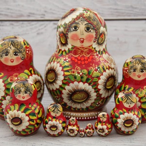 Hand Painted Nesting Doll 10 pieces, Ukrainian Doll 5.9'' or 15 cm, Wooden Toy, Home Decor, Kids Gift, Kids MADE IN UKRAINE