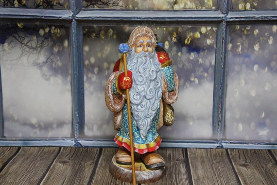 Unique Shape Russian SANTA White Father Frost Wooden Hand Carved Hand Painted 