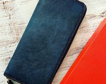 ACAMAL brand natural indigo dyed deer leather handmade wallet designed and made in Japan