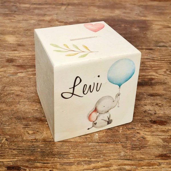 Wooden money box / savings cube - baby, child, gift personalized with name and date, birth, baptism, birthday, box, pocket money, box