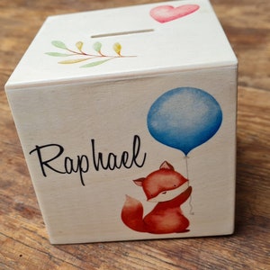 personalized wooden money box with name and date & balloon, family, baby child, gift, birth, baptism, box, pocket money