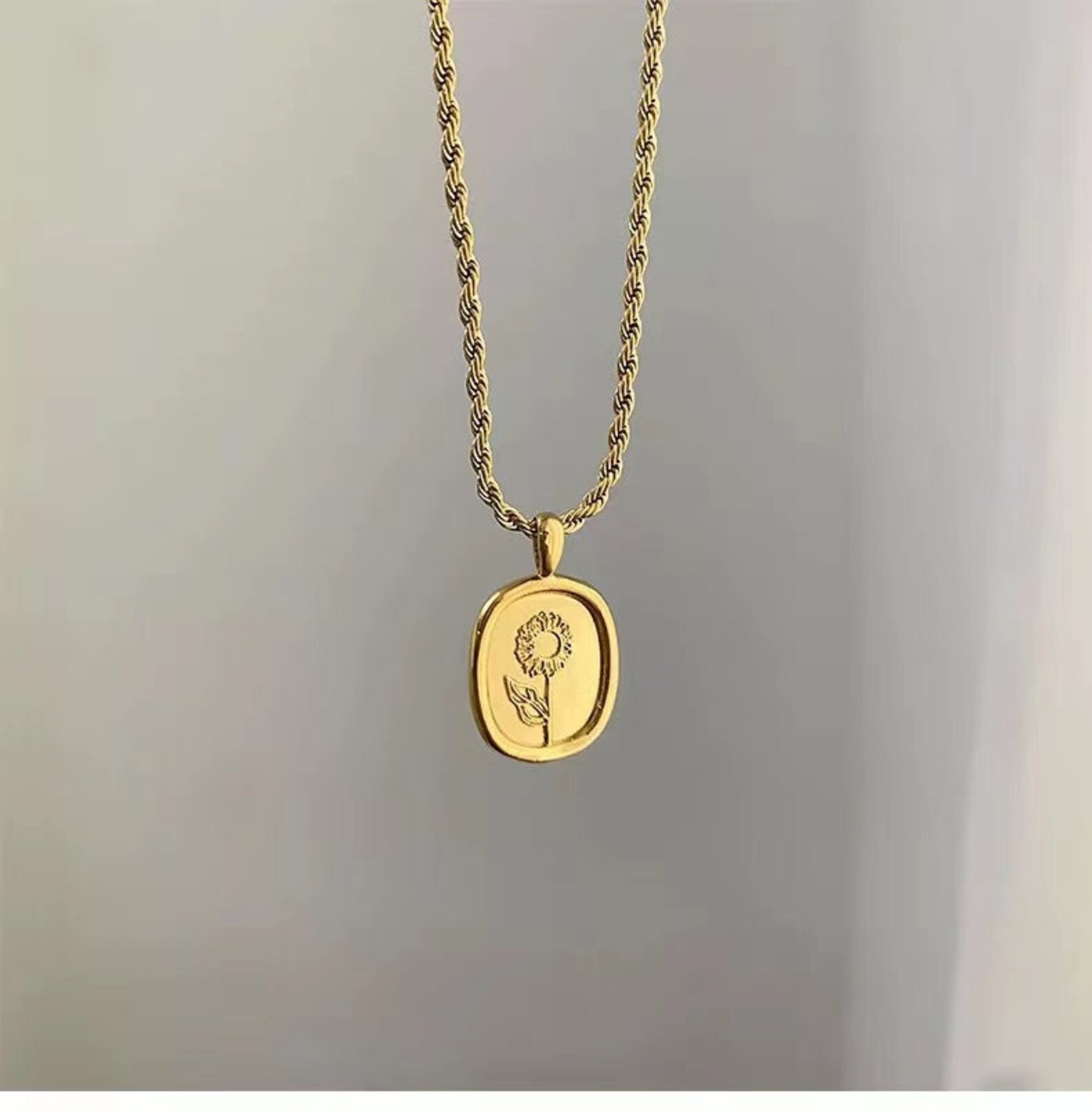 Gold Sunflower Oval Necklace 18K Gold Plated Oval Gold Etsy