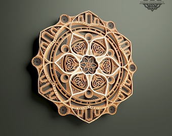 May include: A laser cut wooden mandala design with intricate details. The mandala is brown and white and has a circular shape. The design is perfect for home decor or as a gift.