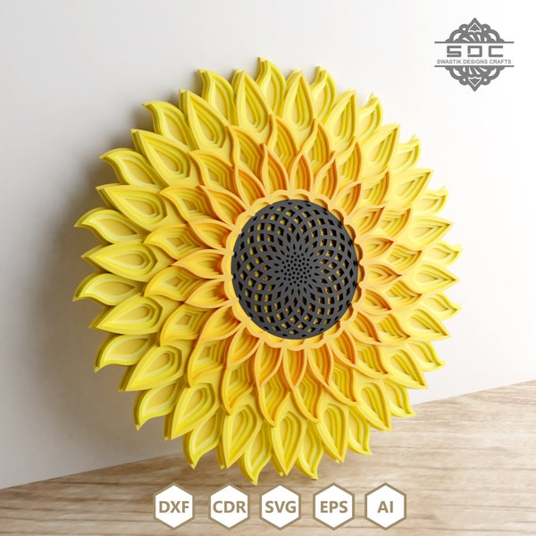 Sunflower Mandala archivos dxf archivo de corte láser archivos de corte de madera cnc corte svg plantilla corte láser mandala dxf archivo artesanías de madera cnc proyectos