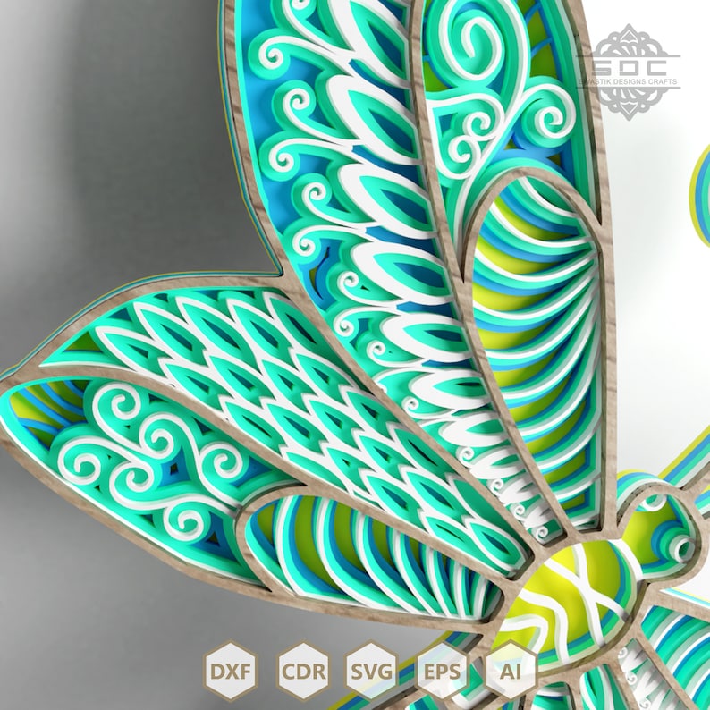 Flerskiktsfil Dragonfly mandala DXF-filer svg-mall för laserskärning. bild 3