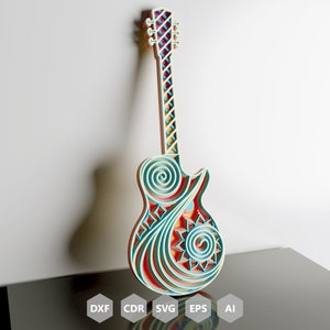 Mandala de guitarra multicamadas/guitarra em camadas 3D/arquivos dxf/modelo svg de corte de madeira cnc/design de mandala de corte a laser/guitarra/download digital