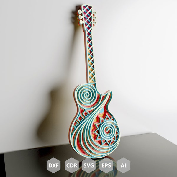 Multilayer Guitar mandala/3d layered guitar/dxf files/cnc wood cutting svg template/laser cutting mandala design/guitar /digital download