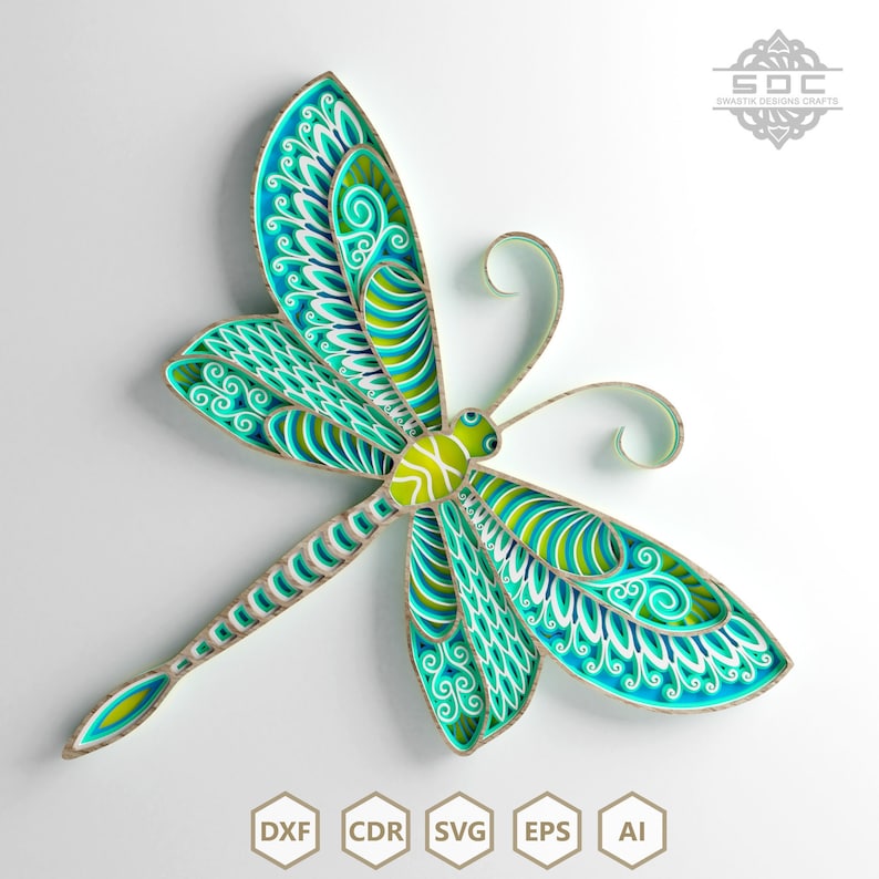 Flerskiktsfil Dragonfly mandala DXF-filer svg-mall för laserskärning. bild 1