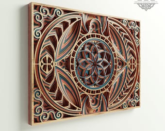 May include: Intricate laser cut wooden wall art featuring a geometric mandala design with blue, red, and brown colors. The design is layered and creates a 3D effect.