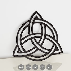 May include: A black and white Celtic knot design in the shape of a triangle. The knot is a continuous line that forms three interlocking circles.