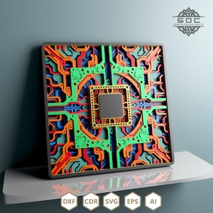 Może przedstawiać: Kolorowy, warstwowy, geometryczny wzór płytki drukowanej z centralnym procesorem. Wzór jest oprawiony w czerń i ma efekt 3D.