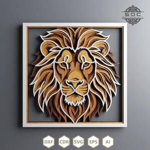 May include: A layered wooden lion head artwork in a white framed square. The lion's mane and face feature shades of brown and tan, with white accents. The artwork is against a grey background, with the text "SWATIK DESIGNS CRAFTS" and file type icons.