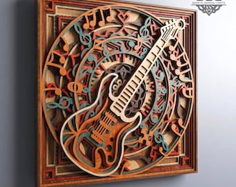 May include: A multi-layered wooden wall art piece featuring a guitar design. The artwork incorporates musical notes and symbols in shades of brown, orange, and teal. The piece is square and framed in a dark wood.