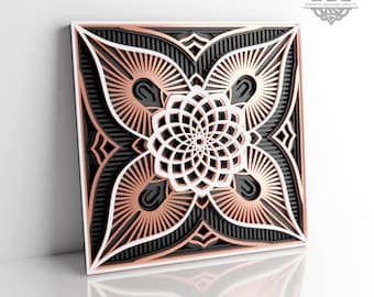 May include: A black and white geometric design with a copper colored center. The design is in the shape of a square and has a repeating pattern of circles and lines. The design is on a white background.