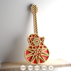 Mandala de guitarra multicamadas / Guitarra em camadas 3D / Guitarra SVG / Modelo DXF / Corte de madeira CNC / Arquivos de corte a laser / Design de mandala / Guitarra