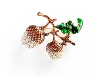 Sparkly Acorn Oak Tree Leaf Brooch Pin