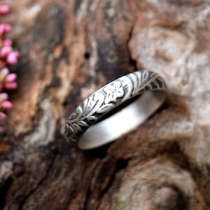 Sterling Silver Stacking Ring with Tooled Leather Flower Leaf Pattern, Bright or Oxidized Bohemian Rustic Jewelry, .925 Eco Friendly Boho