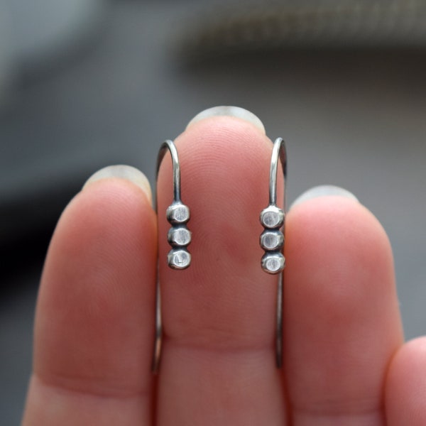 Simple Sterling Silver Earrings, Oxidized/Shiny 3 Dots Minimalist Everyday Earrings, 1/2" Handmade Boho Jewelry .925 Eco Friendly Gift Her