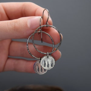 Pine Tree Earrings, Sterling Silver Evergreen Tree Hoop Earrings Oxidized, Circle Tree Earrings Woodland Nature Handmade Rustic Jewelry Gift